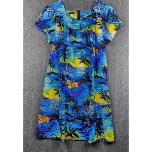 Royal Creations Muumuu Dress Women 4XL Blue Tropical Sunset Aloha Made in Hawaii